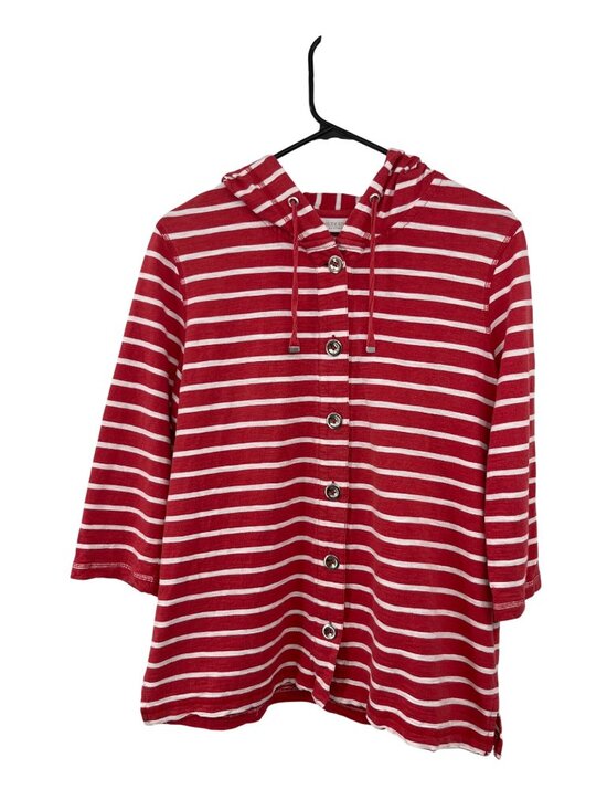 Chicos Tops - Chico’s Weekends Red Striped Hoodie Top Women’s 1 (M/8) Cotton Button Used